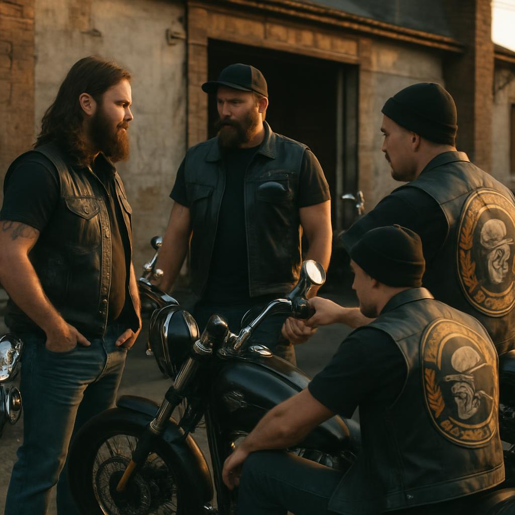 Four men in black leather vests with motorcycle emblems on them stand around a motorcycle in a garage setting.