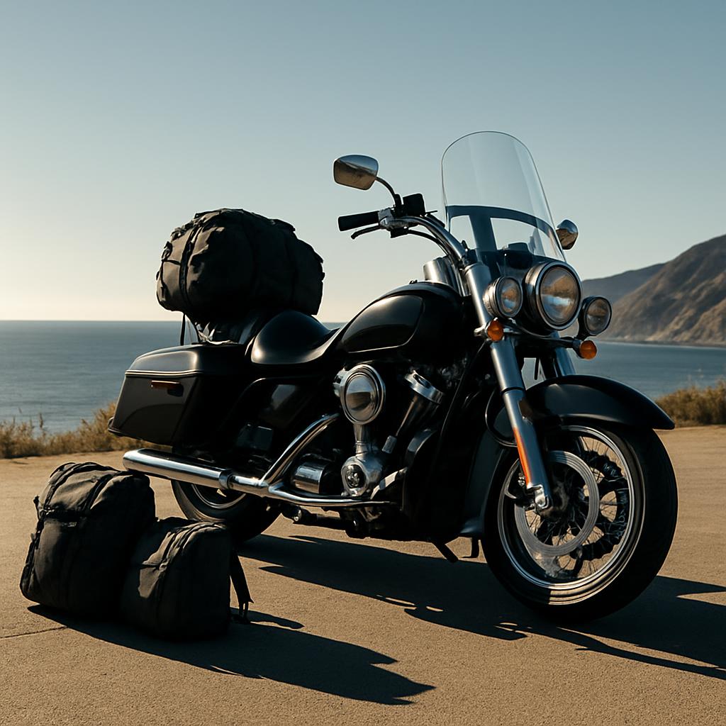 A black motorcycle with leather bags parked by the ocean coast.