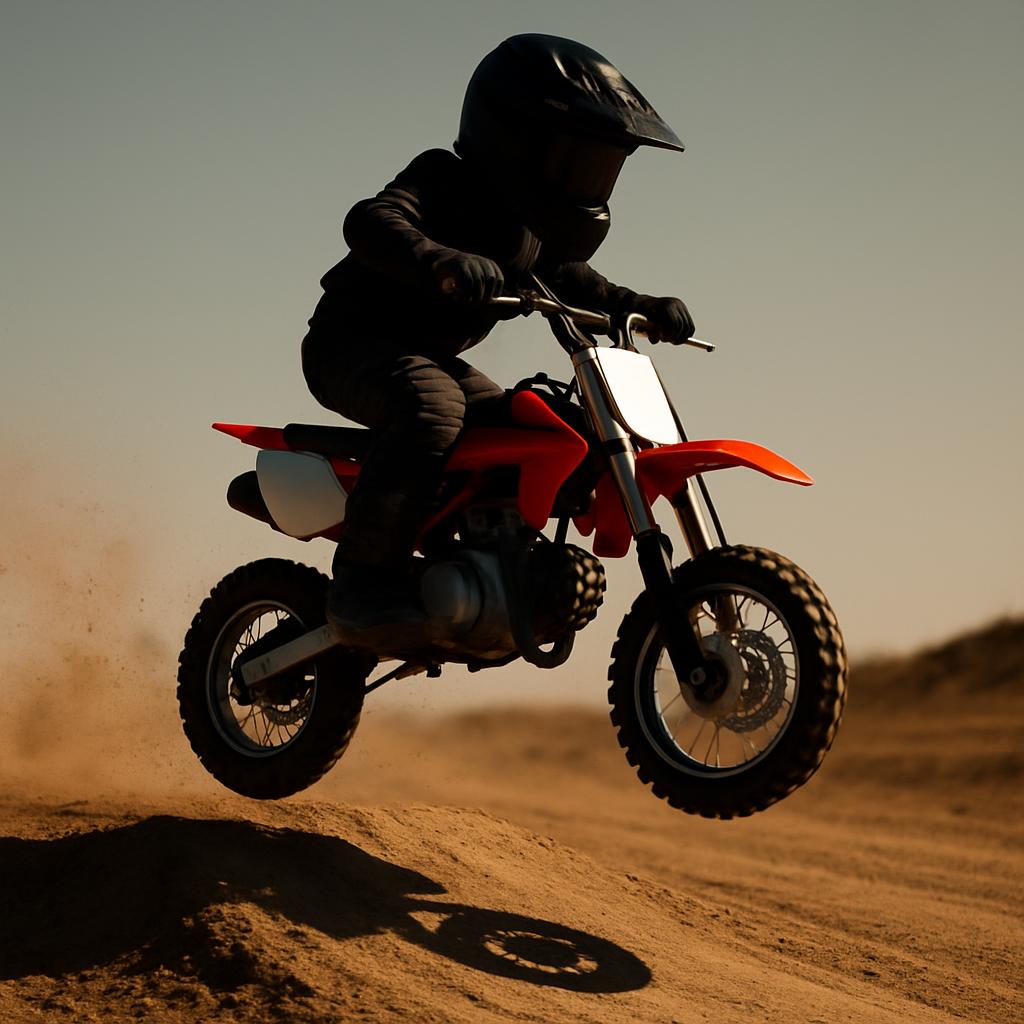 A young boy rides a dirt bike in a desert landscape.