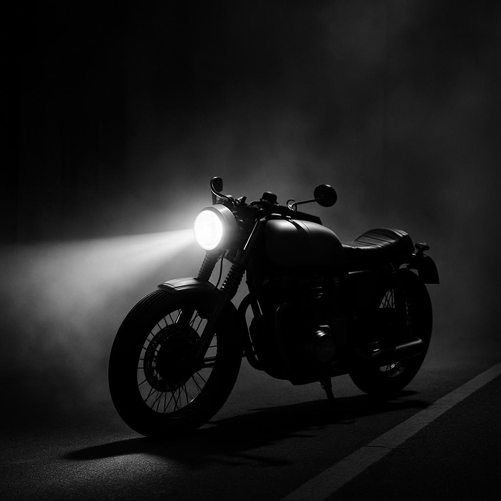 A motorbike illuminated by a headlight on a dark road.